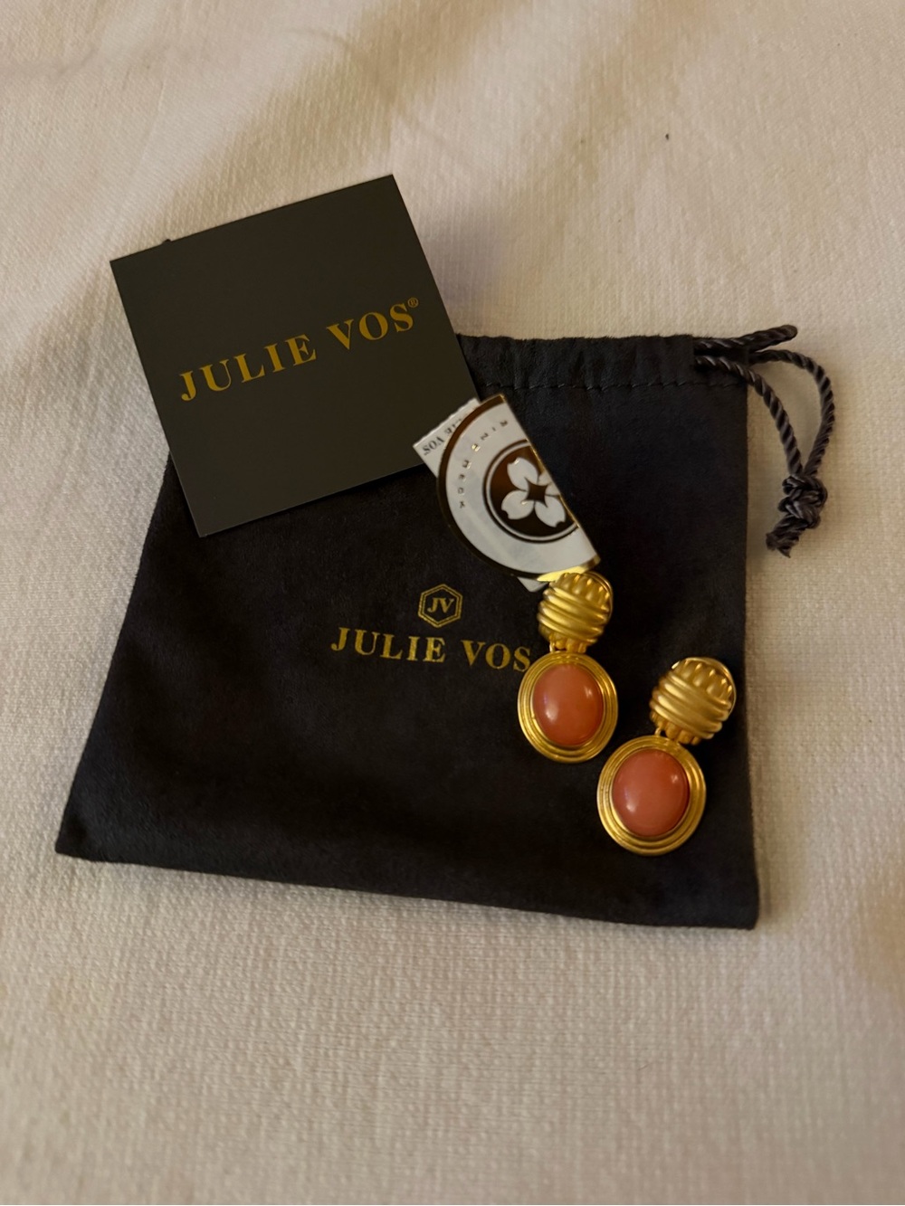 Julie Vos Gold and Coral Cabochon Drop Earrings